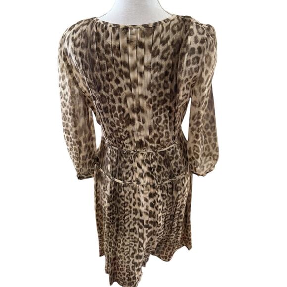Talbots Silk Chiffon Pleated Long Sleeve Dress Brown Animal Print 6 - Picture 5 of 6